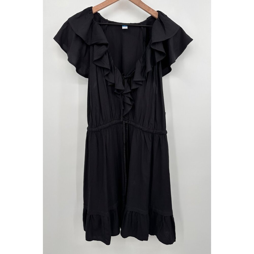Old Navy Waist-Defined Ruffle-Trim Midi Dress Women XL Black NWT